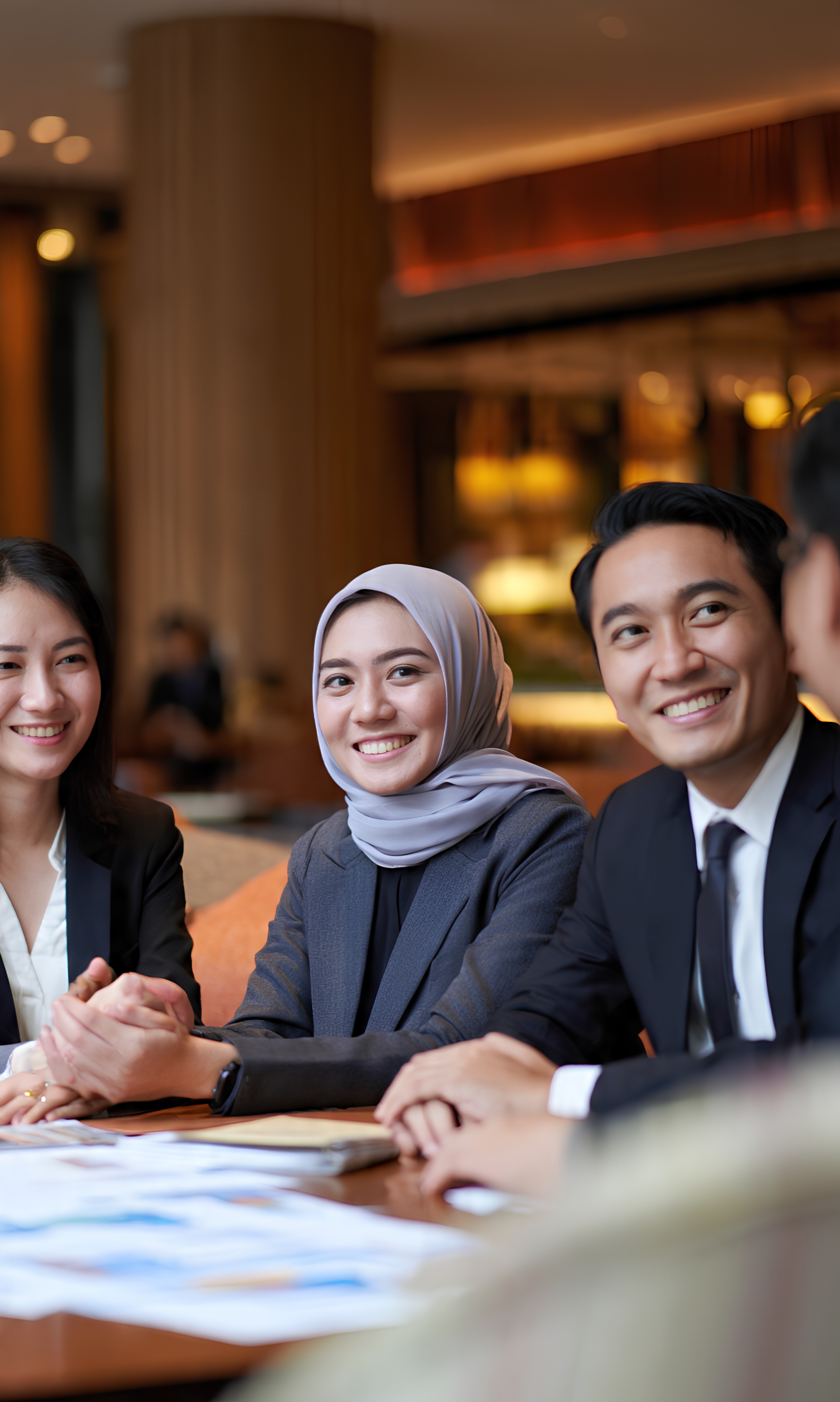 Three person sitting with business attire looking optimistic