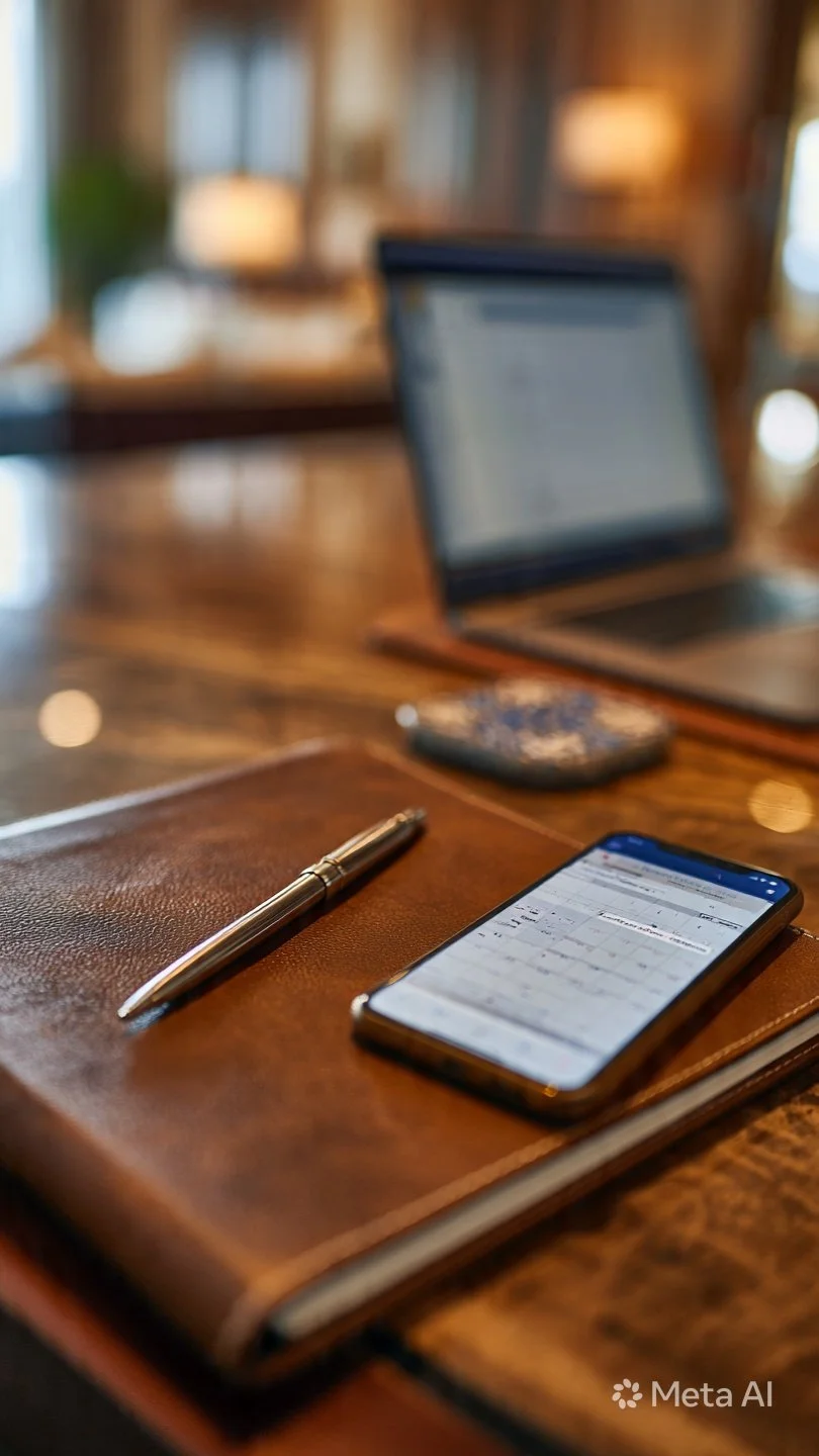 A set of stationery on a wooden office desk: a premium pen, a smartphone, a leather-covered notebook, and a laptop.