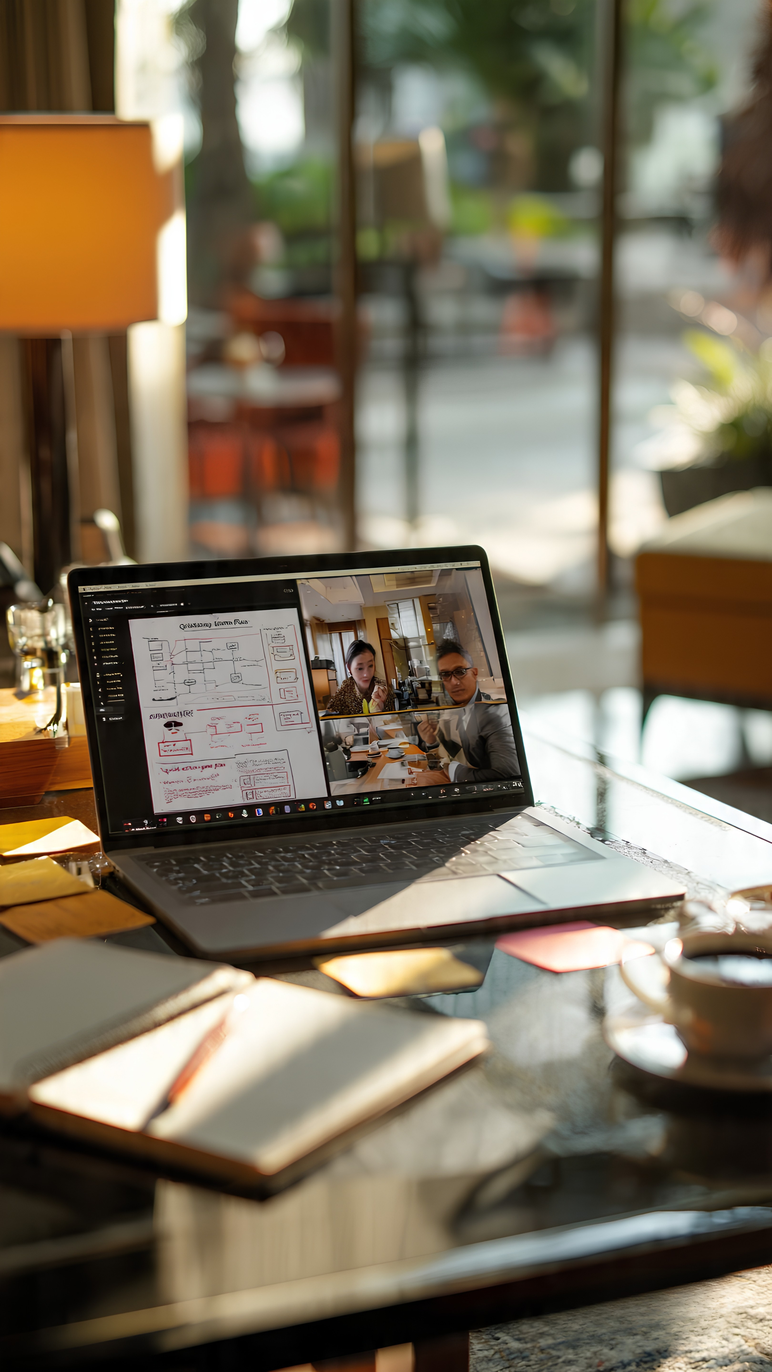 A laptop with a screen showing online meeting is ongoing with two different cameras and one share screen that consists of charts and plans, sticky notes circling around it, a coffee cup with its base, a notebook with a pen on it