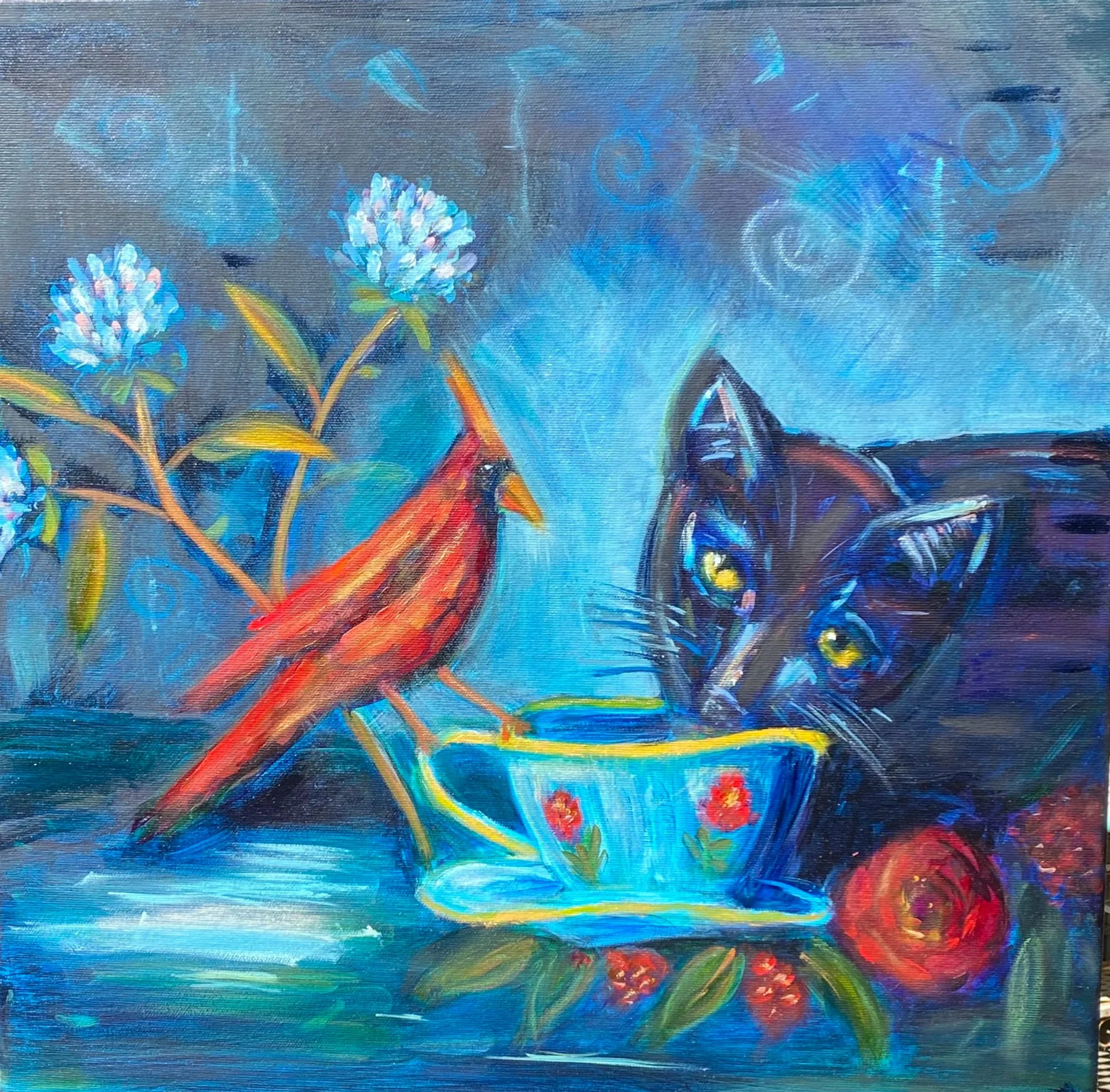 Midnight Garden Tea - Gemälde mit Rotem Vogel und Katze im Dialog auf Leinwand
