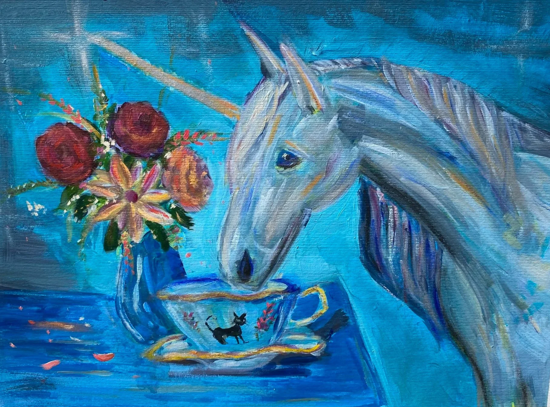 Wondrous Guest I  - Mixed-Media Kunstwerk 'Alice Tea Party' auf Ölpapier