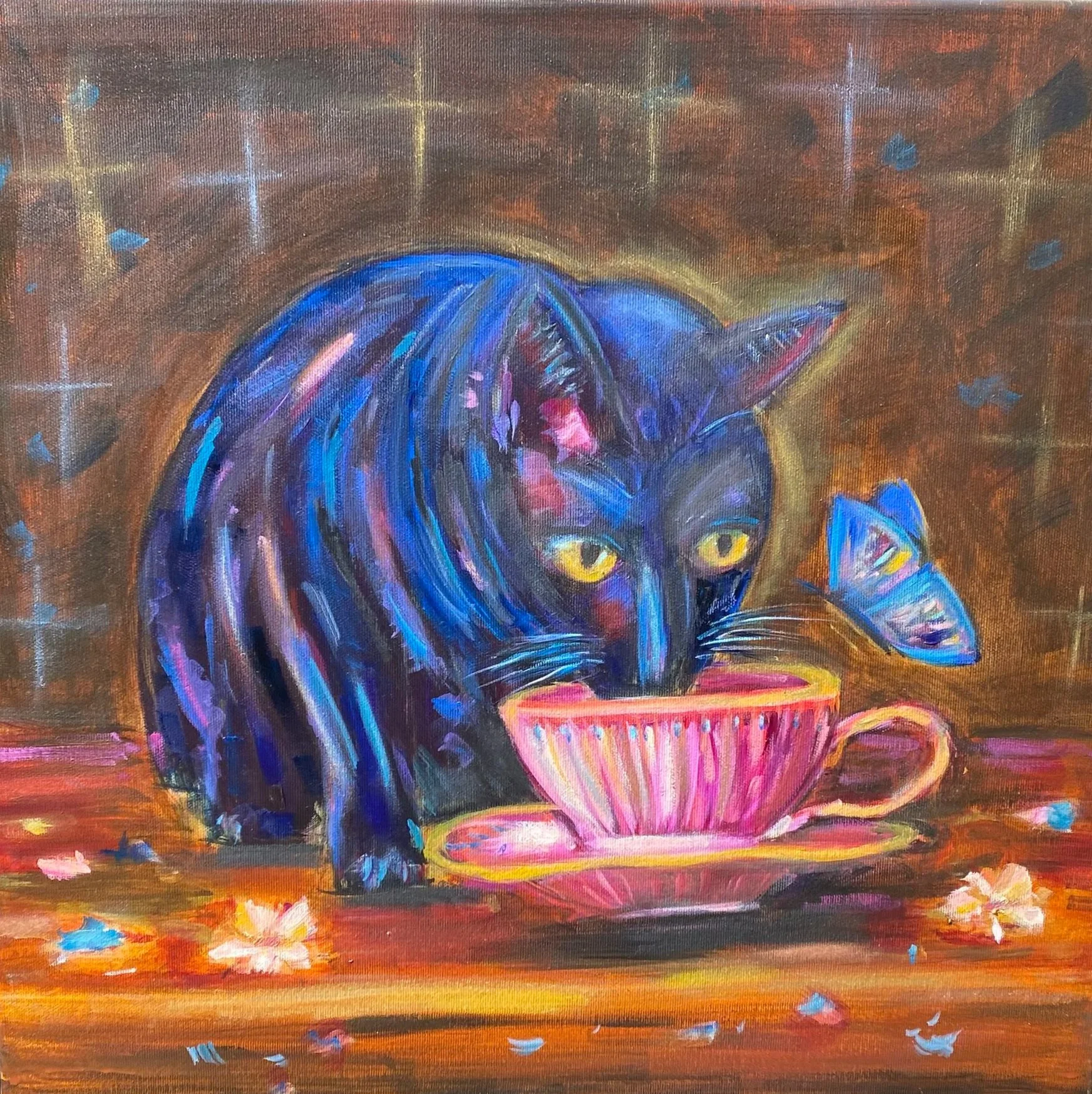 Alice’s Enchanted Tea Glow - Ausdrucksstarkes Katzengemälde auf Leinwand