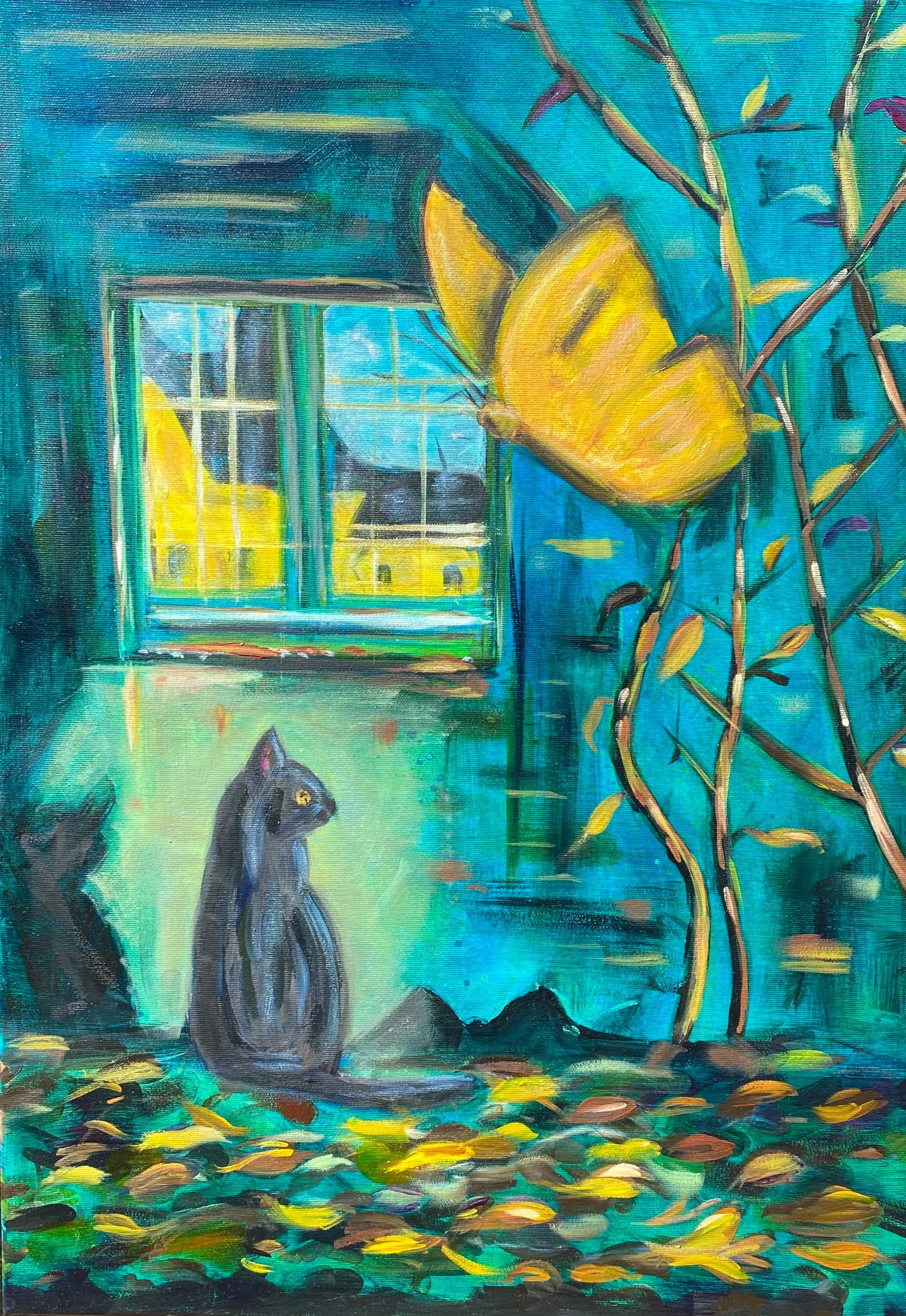 Window of Wonder - Urbanes Katzengemälde auf Leinwand