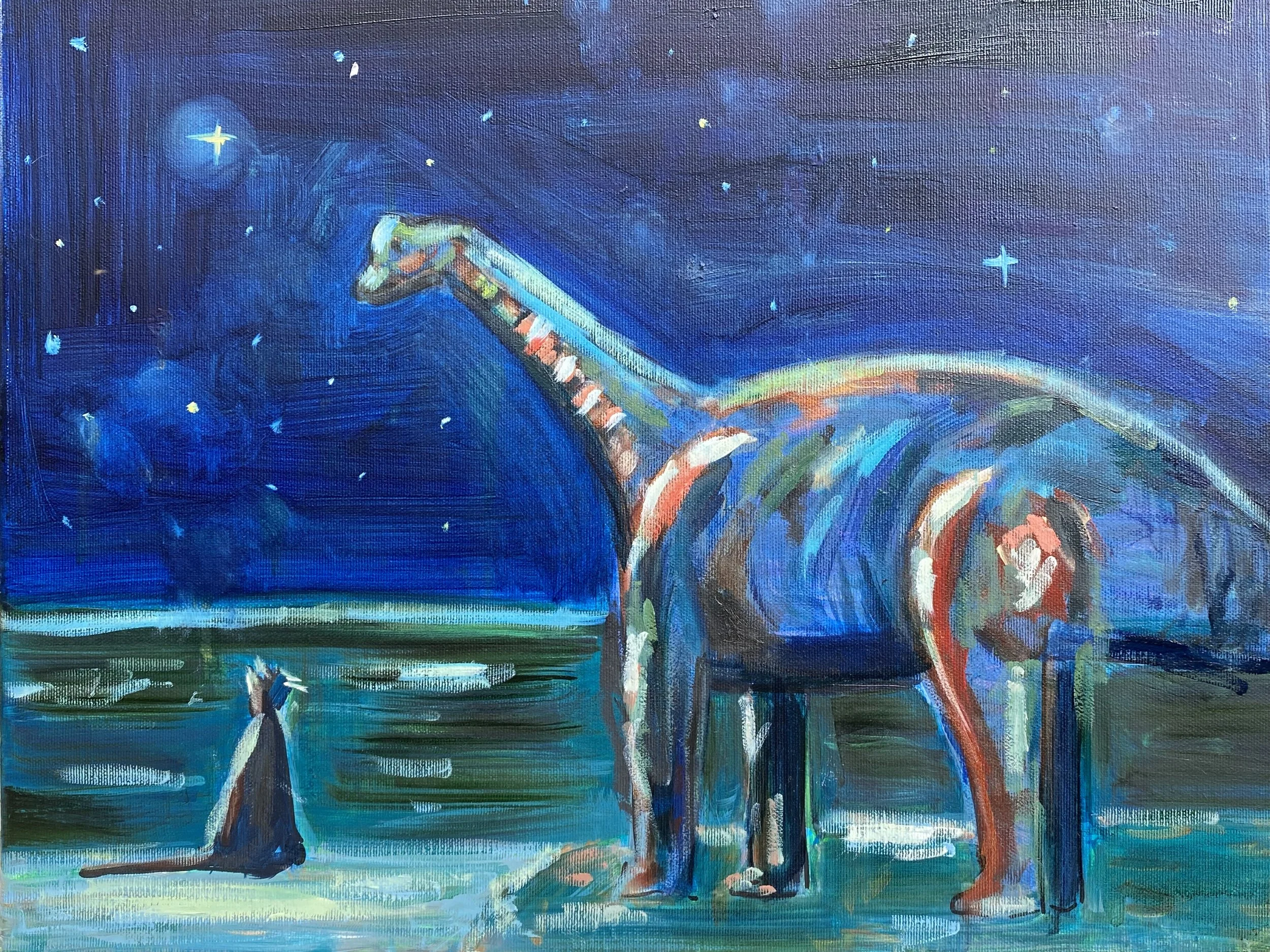 Time Traveller - Friends - Dinosaurier bei Nacht auf Leinwand