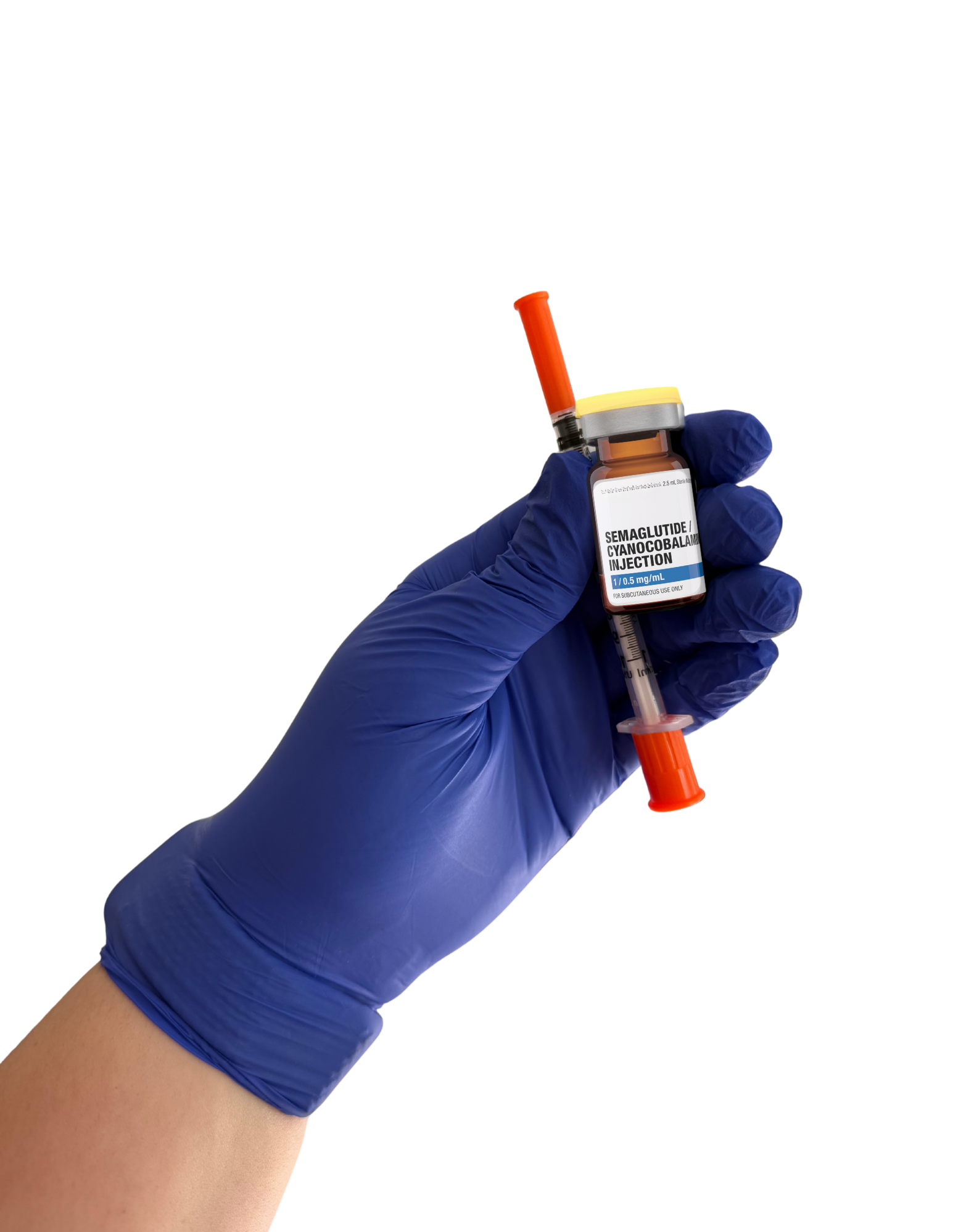 A hand wearing a blue glove holding a small vial labeled 'Semaglutide Cyanocobalamin Injection' with an orange cap and syringe attached, against a black background.