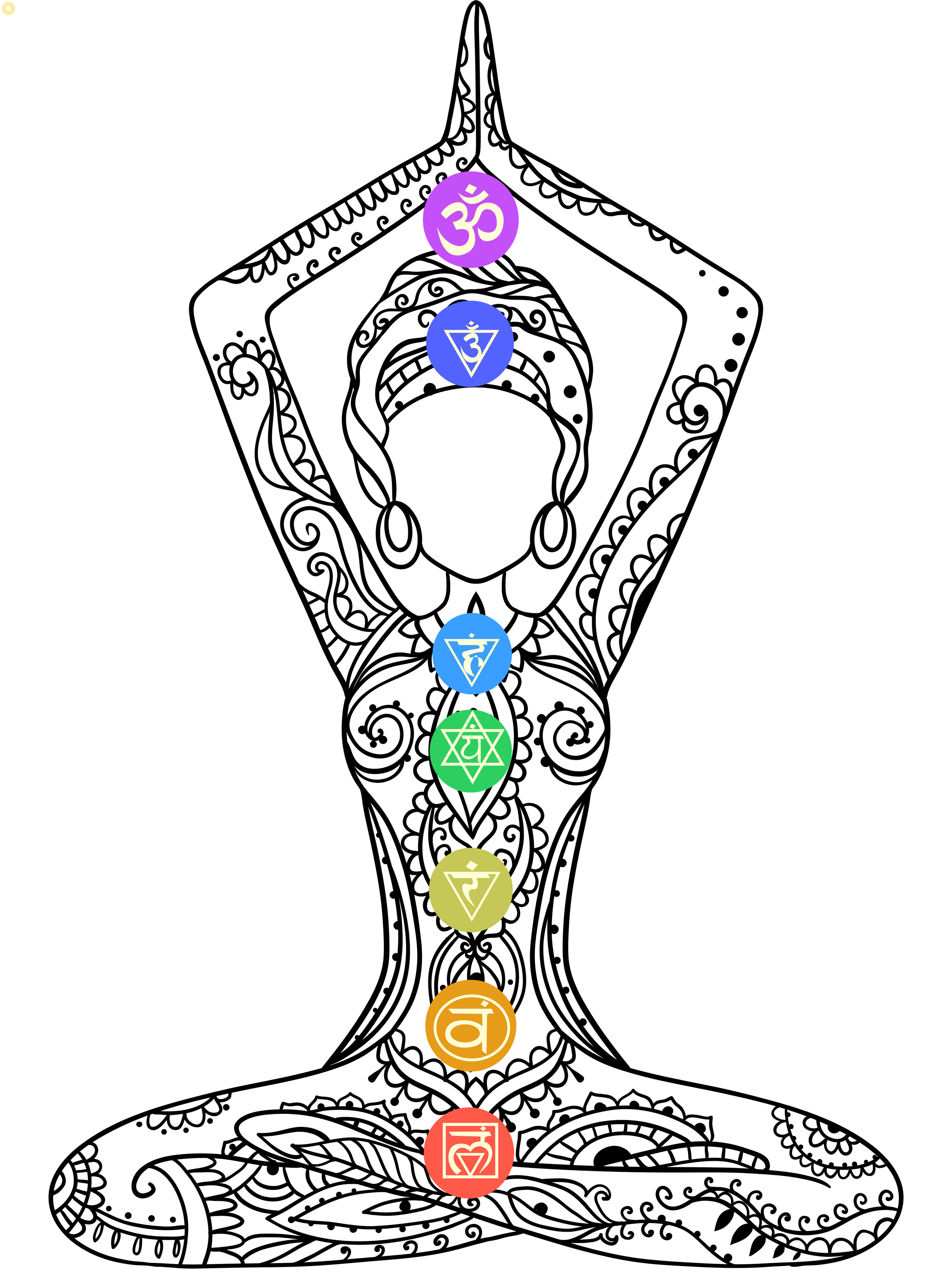 Chakra symbols arranged vertically, each in a different color, representing the seven chakras in human energy centers.