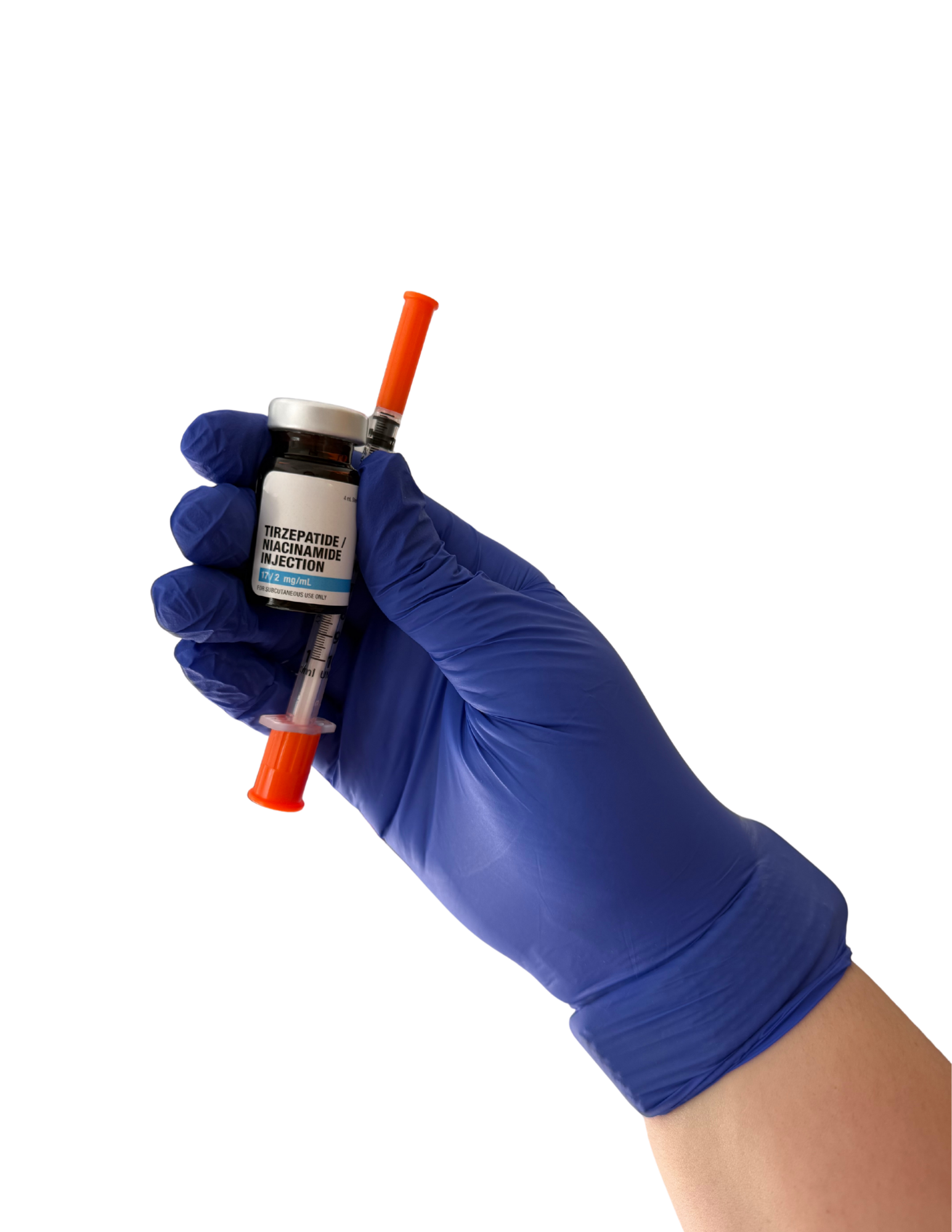 Hand wearing a blue glove holding a vial labeled Tirzepatide Niacinamide Injection and a syringe with orange plunger.