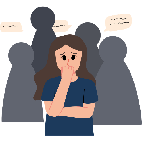 A worried woman with brown hair in a blue shirt stands in front of four shadowed figures, indicating she feels anxious or intimidated.