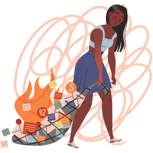A woman with long black hair in a skirt and sleeveless top stands over a chaotic pile of papers and flames, with needle and thread. The scene symbolizes stress or overwhelming workload.
