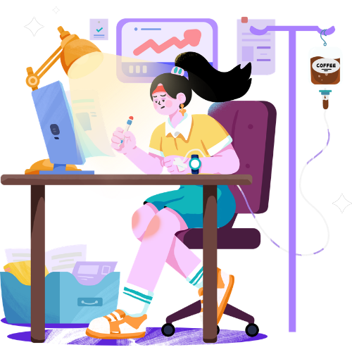 A person with black hair busily works at her desk with a computer, surrounded by various charts and documents, in a colorful office or workspace.