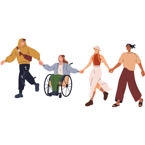 Four people walk and wheel along holding hands and smiling indicating supportive community.