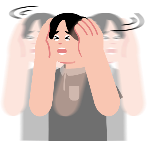 A person with black hair and a gray shirt holding their head with both hands, looking overwhelmed or distressed.