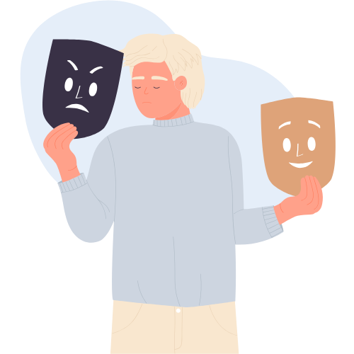 Person examining a black mask with an angry face in one hand and smiling face in the other hand.