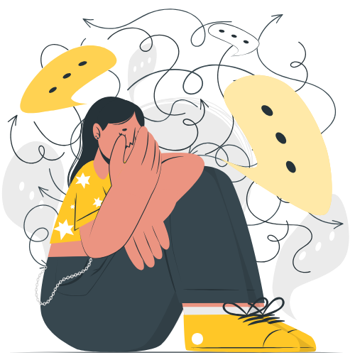 A person sitting with knees up, covering their face with one hand, surrounded by messy, tangled speech bubbles indicating confusion or overwhelmed feelings.