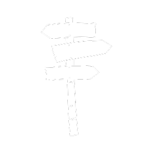 A simple white line drawing of a signpost with four arrow-shaped signs pointing in different directions, on a black background.