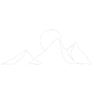 Line art of mountains with a rising or setting sun behind them, against a black background.