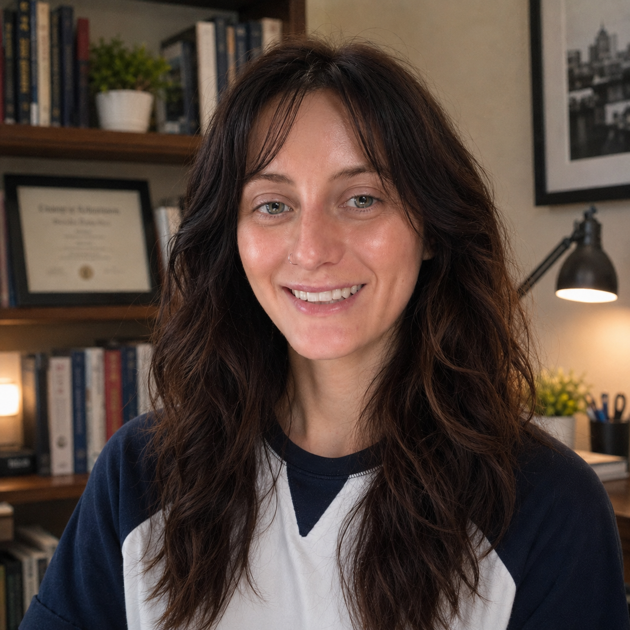 A woman with long, dark, wavy hair and blue eyes smiling at the camera in an office or study setting, with bookshelves, framed certificate, and a desk lamp in the background.