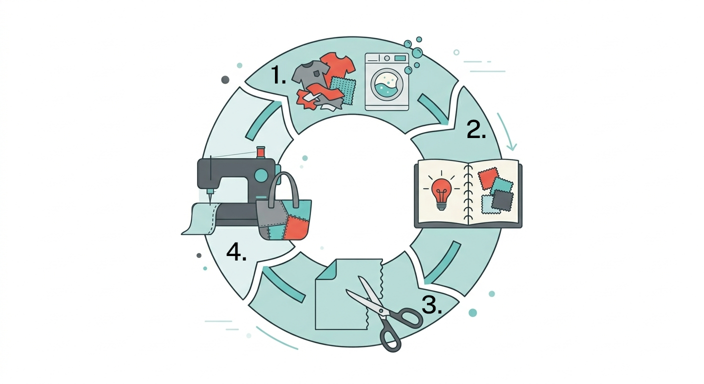Comment faisons-nous ? : 1. On sélectionne puis on nettoie la matière première. 2. On imagine une collection originale de produits. 3. On fabrique les pièces qui composeront nos créations. 4. On assemble ces pièces afin de créer des produits uniques.