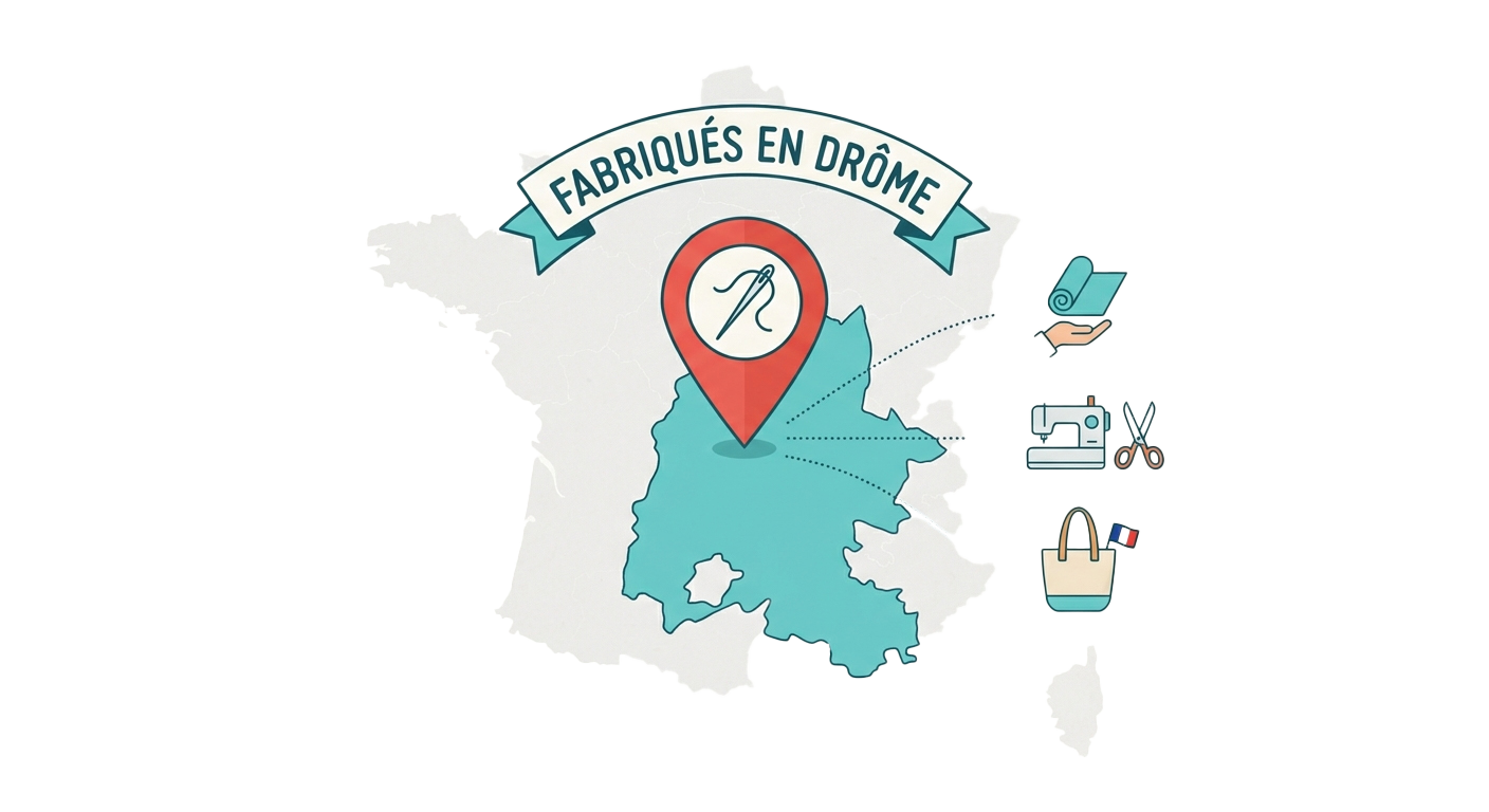 Une carte de la France avec un focus sur la Drome, avec une machine à coudre, des ciseaux, et un sac avec un drapeau français, accompagnée du texte 'Fabriqués en Drôme'.