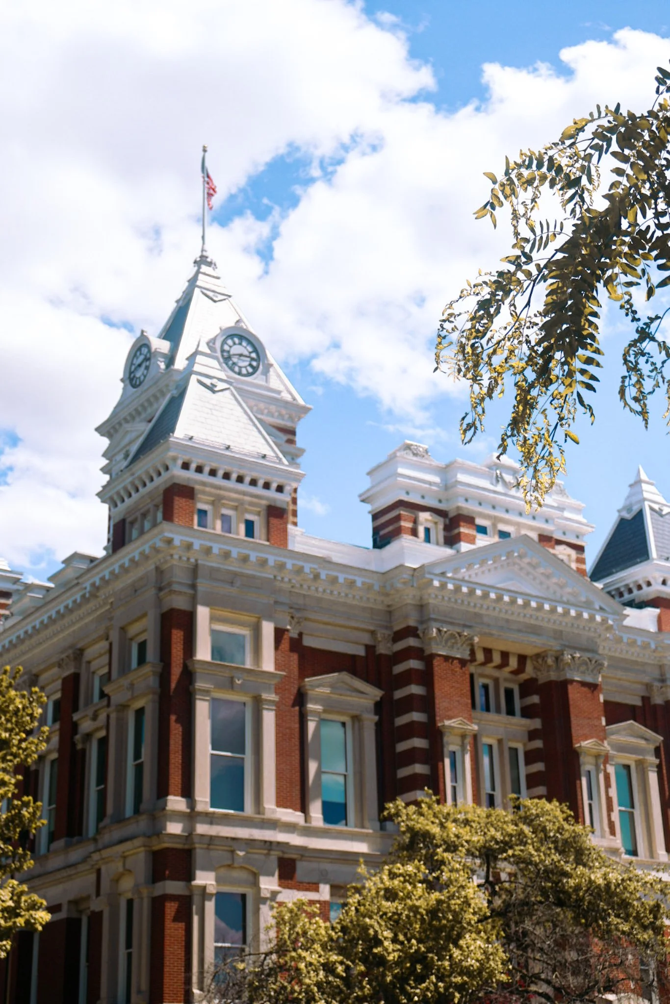 Close-up of a historic building with a clock tower, featuring a white spire, and a flag flying on top, with cloudy blue sky in the background and trees in the foreground.