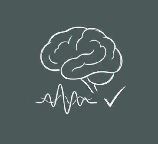 Outline of a brain with an ECG line and a check mark below it.