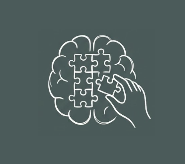 Illustration of a brain with puzzle pieces, one piece being inserted by a hand.