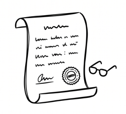 A drawing of a rolled-up document with a seal, and a pair of eyeglasses placed beside it.