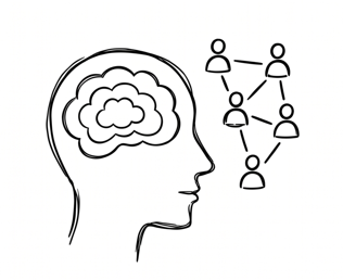 Outline of a human head with a brain and a network of four connected people inside.