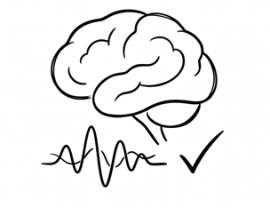 Line drawing of a brain, a heartbeat line, and a checkmark.