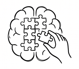 Illustration of a brain with puzzle pieces and a hand placing one puzzle piece into the brain