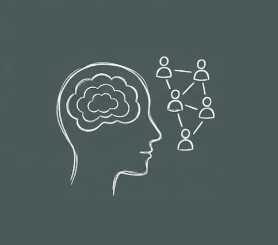 Outline of a human head with a brain and a network of connected figures representing social connections or networking.