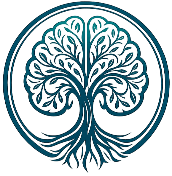 A stylized tree with white leaves and dark blue branches inside a circular outline, representing growth or knowledge.