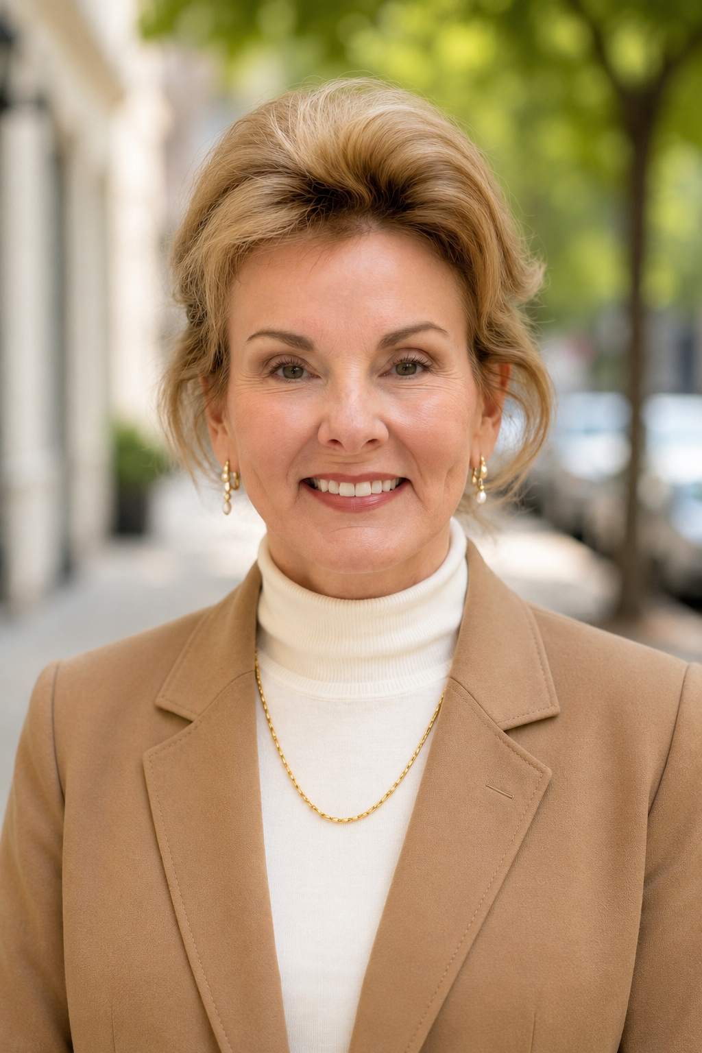 Portrait of a middle-aged woman with short wavy hair, wearing a beige blazer, white turtleneck, and gold jewelry, standing outdoors with trees and buildings blurred in the background.
