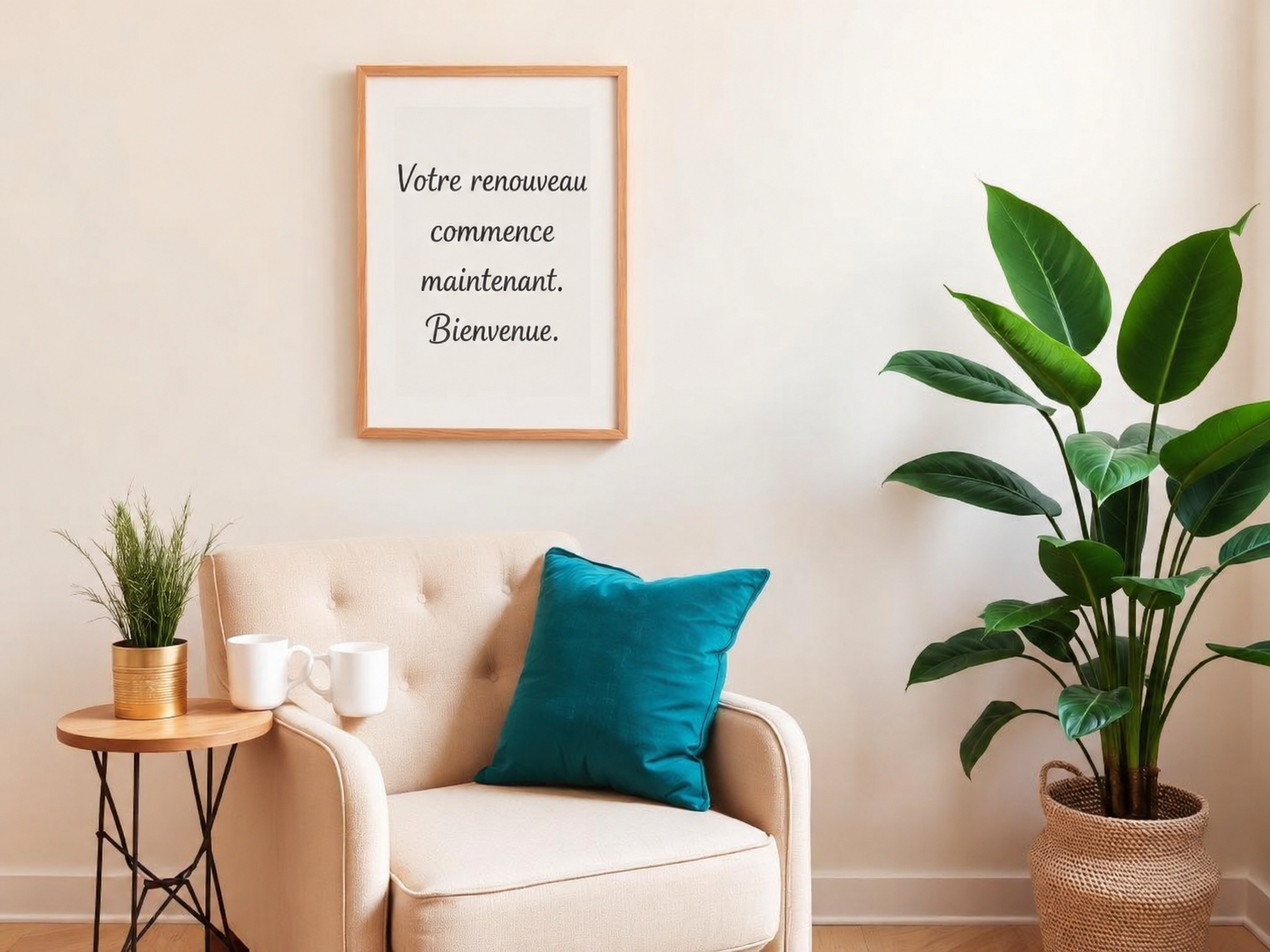 Living room with a beige sofa, a blue pillow, a round side table with a potted plant and two mugs, a large green potted plant, and a framed sign with French text on the wall that reads 'Votre renouveau commence maintenant. Bienvenue.'