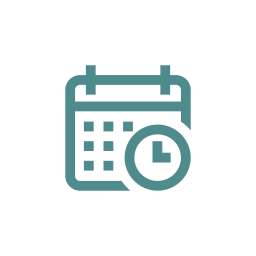 Icon of a calendar with a clock overlay.