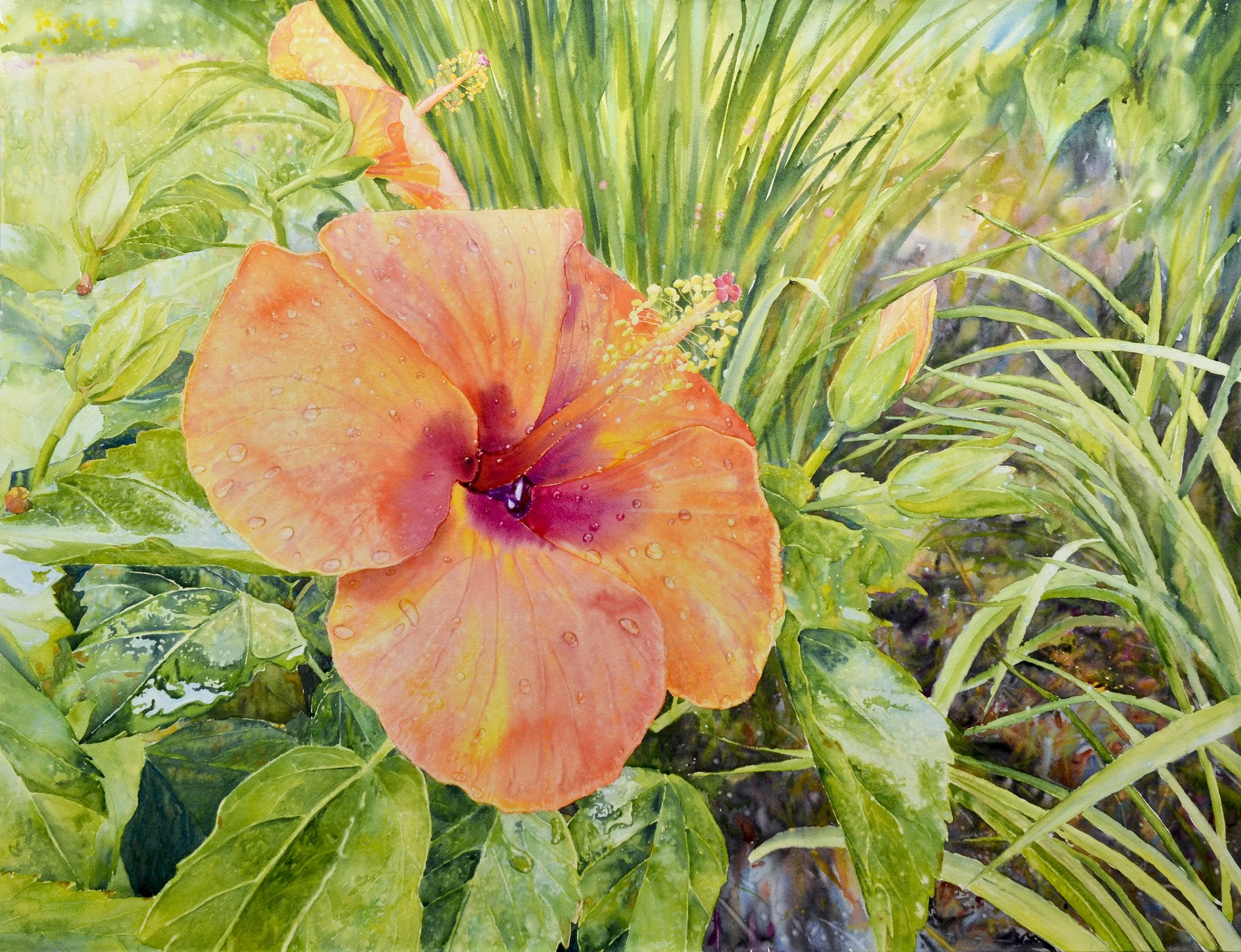 Ross Barbera, "Orange Hibiscus," Mounted Watercolor on Canvas, 32" x 42", 2016