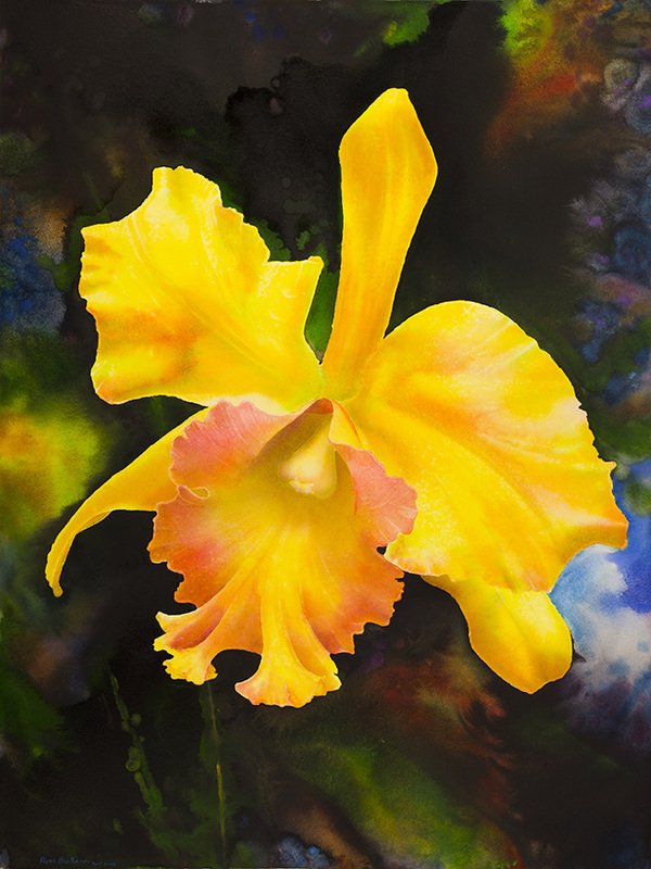 Ross Barbera, "Yellow Orchid," Mounted Watercolor on Canvas, 42" x 32"