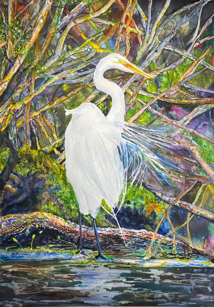 Jean Daniels, "Egret Wading in Shallows," Watercolor on Pape