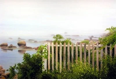 "Late August, by Ross Barbera, The Fence," Acrylic on Canvas, 36 " x 57"
