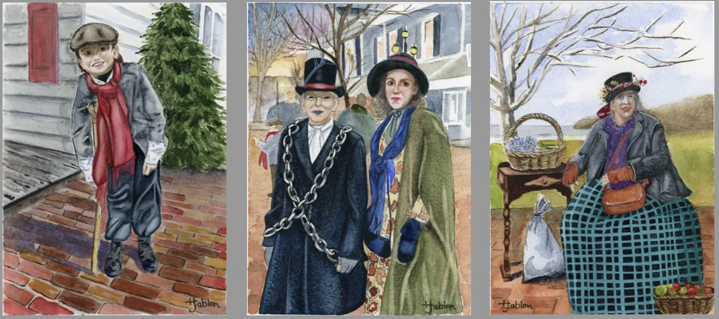 Heather Jablon,  "Characters on the Cobblestone Collection (Featuring Tiny Tim, Marley's Ghost, and The Peddler)," Watercolor on Paper, 15"  x 26"