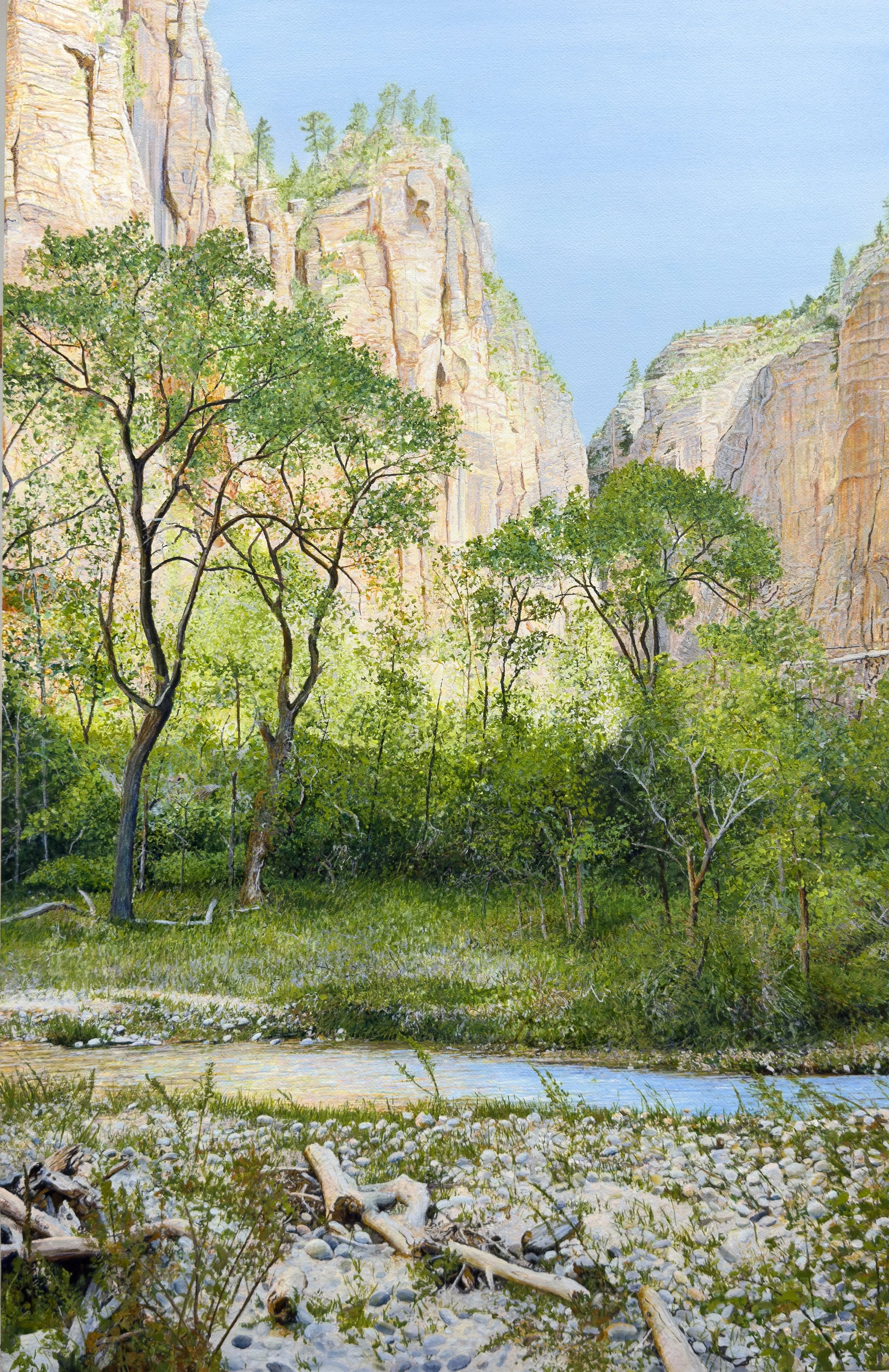 "Zion National Park: Hiking Along the Virgin River," 43" x 28",  Acrylic on Canvas, 2026