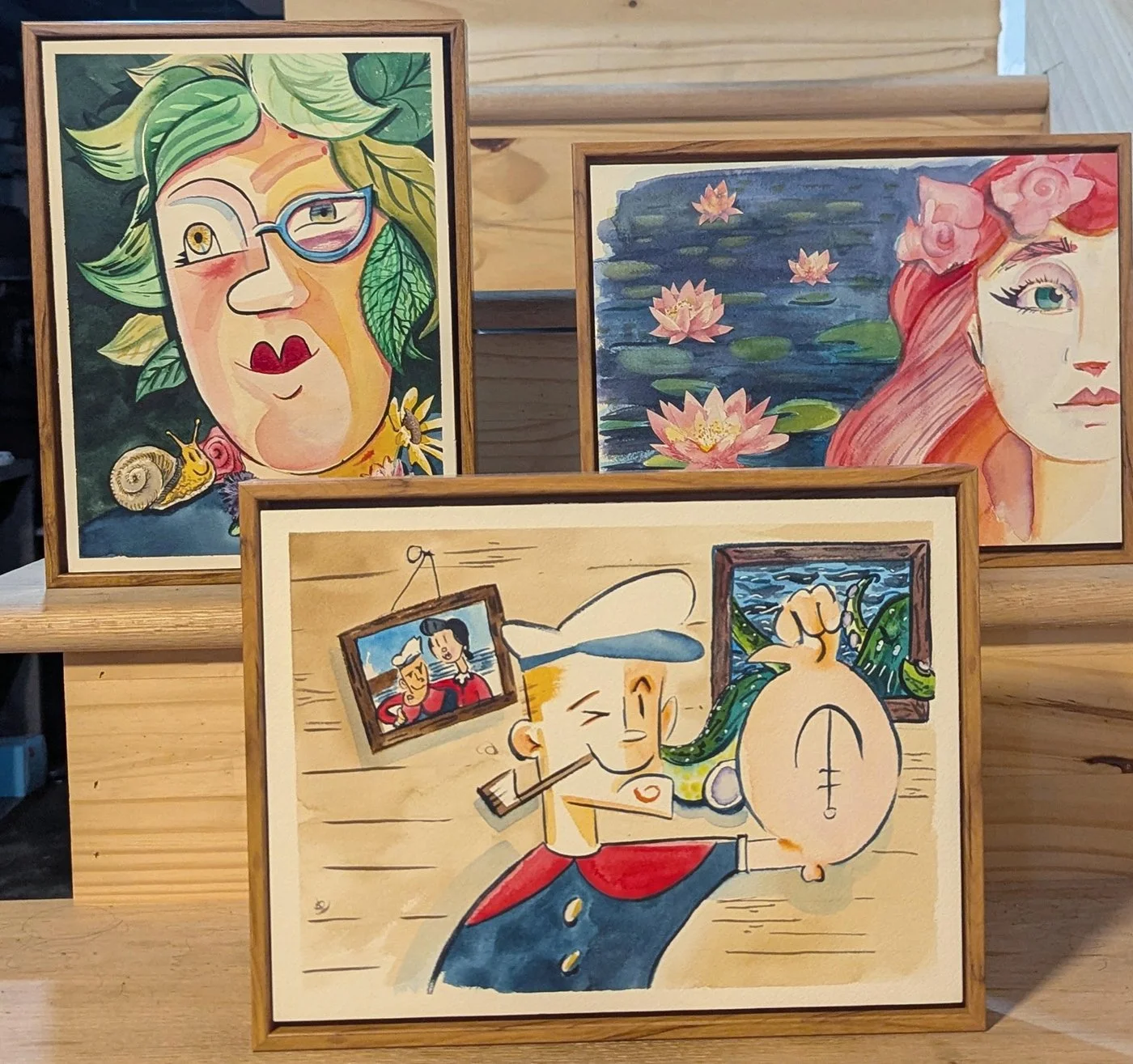 Mikey Ilkiw - 
1. "Bev," watercolor 13' X 10"
2.  "The Fairy One," watercolor collage, 13"X10"
3. "Popeye Smug," watercolor, 10" x 13"