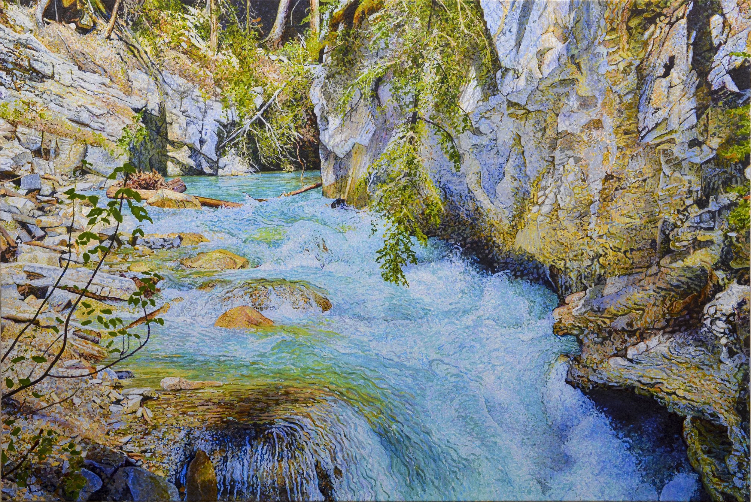 Johnston Canyon, Glacial Flour" Ross Barbera, Acrylic on Canvas, 32" x 48"