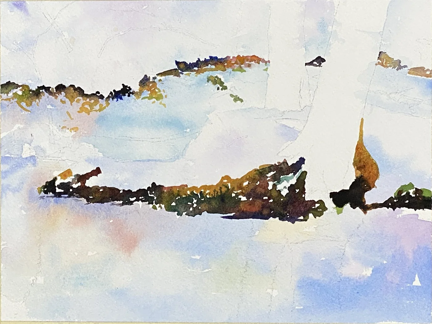 Light wet‑into‑wet washes lay in the first cool blues and violets, creating gentle transitions in the snow and water while the tree trunks remain untouched.