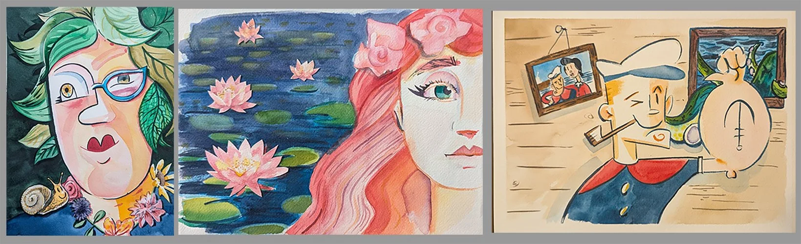 Mikey Ilkiw - (1) "Bev," watercolor on panel 13' X 10", (2) "The Fairy One," watercolor collage on panel, 10"X13", (3) "Popeye Smug," watercolor on panel , 10" x 13"