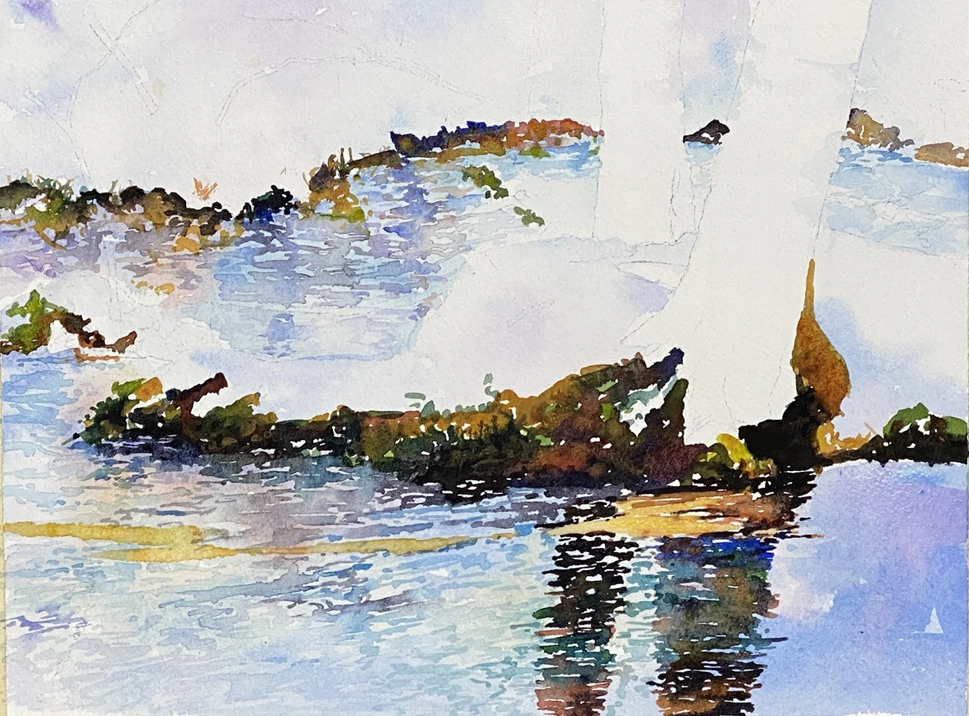 After the first light washes dried, I begin suggesting the ripple patterns in the water, using horizontal brush strokes to establish movement and develop the reflections.