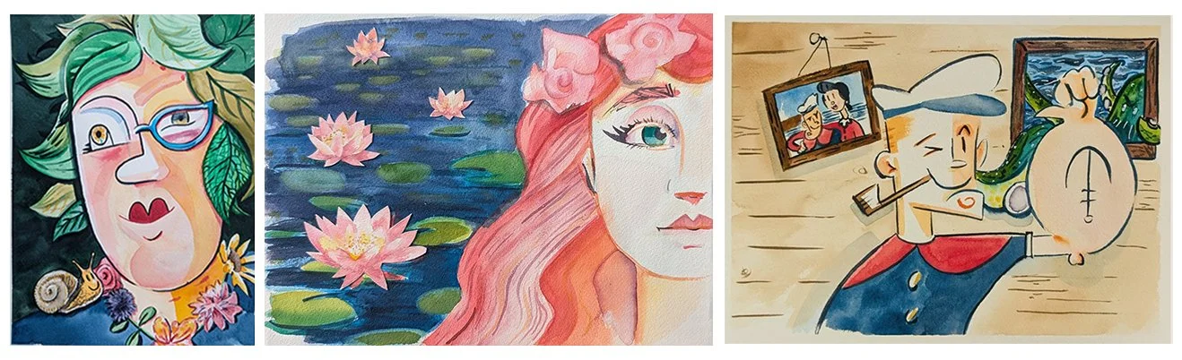 Mikey Ilkiw - (1) "Bev," watercolor on panel 13' X 10" (2) "The Fairy One," watercolor collage  on panel, 13"X10"  (3) "Popeye Smug," watercolor on panel , 10" x 13"