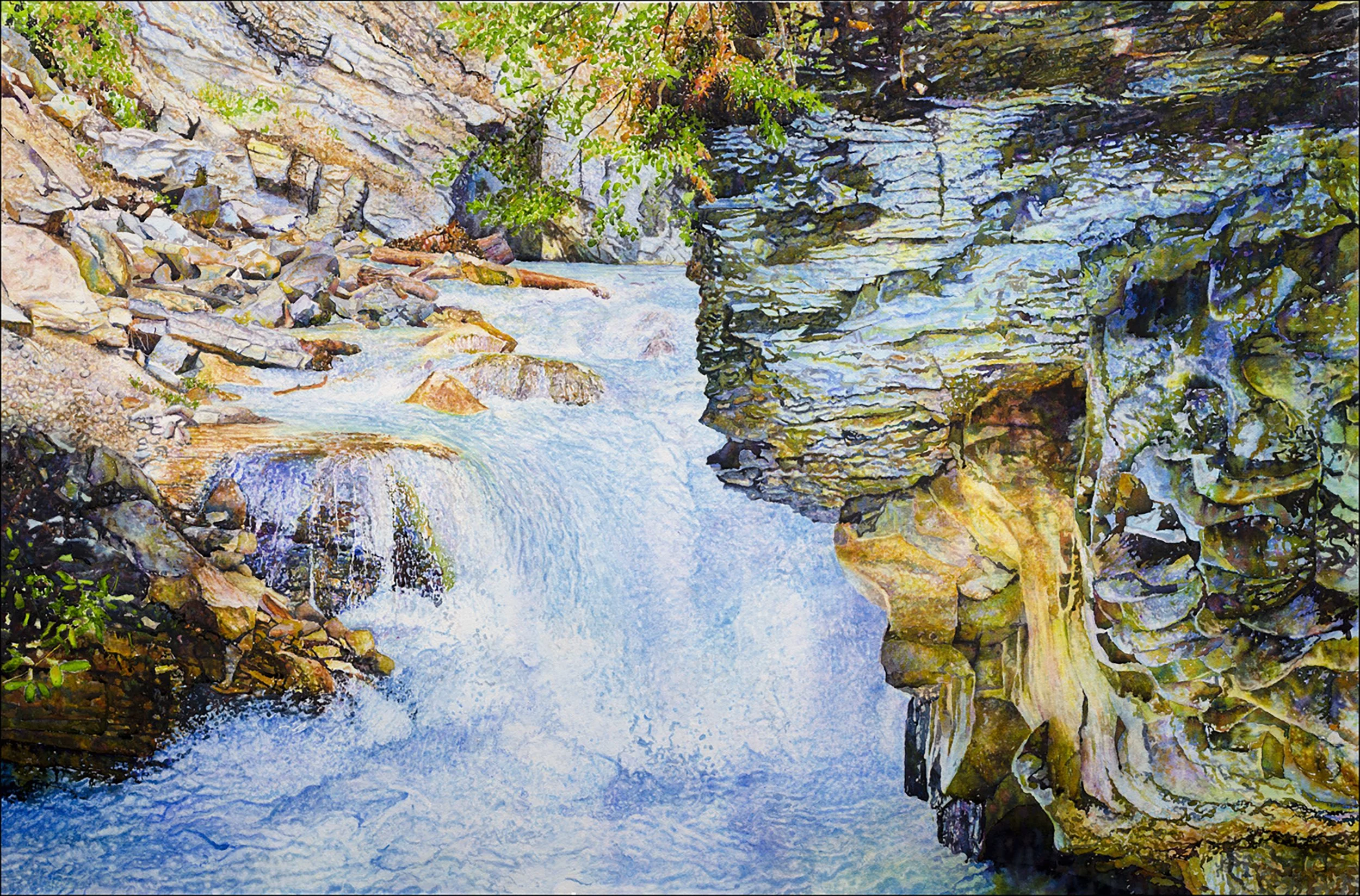 "Early Summer in Johnston Canyon, Alberta Canada," by Ross Barbera Watercolor Mounted on Canvas, 32" x 48"