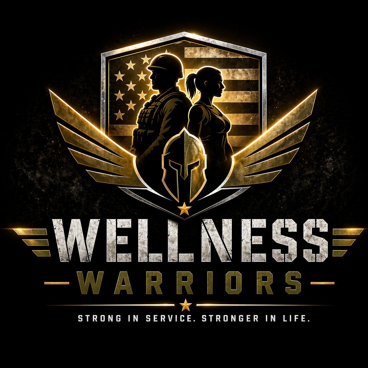Silhouettes of a male soldier in uniform and a female fitness enthusiast, set against a backdrop of the American flag and shield, with the text 'Wellness Warriors' and the slogan 'Strong in Service, Stronger in Life'.
