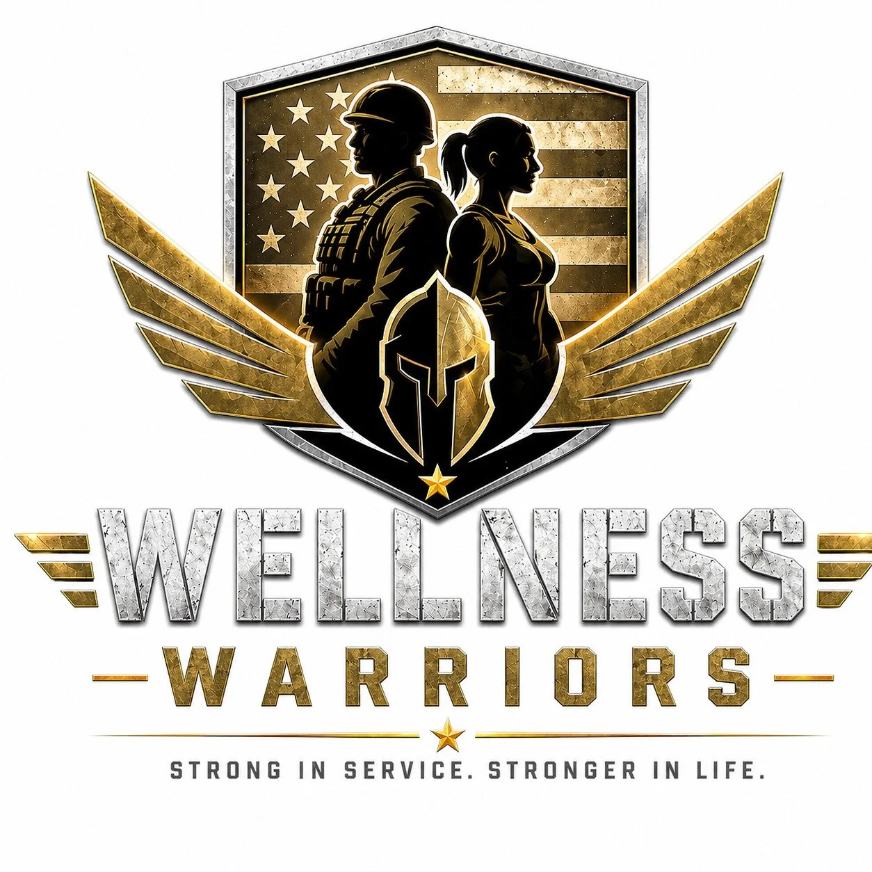 A graphic design featuring a male soldier in military gear and a female athlete silhouette, with a shield in the background displaying the American flag, and text reading "WELLNESS WARRIORS" with the tagline "Strong in Service. Stronger in Life."